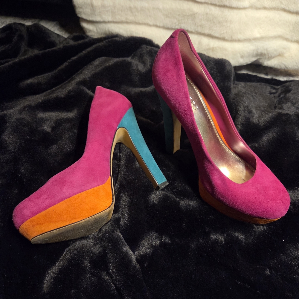 Bakers Pink, Orange, and Blue Suede Heels
